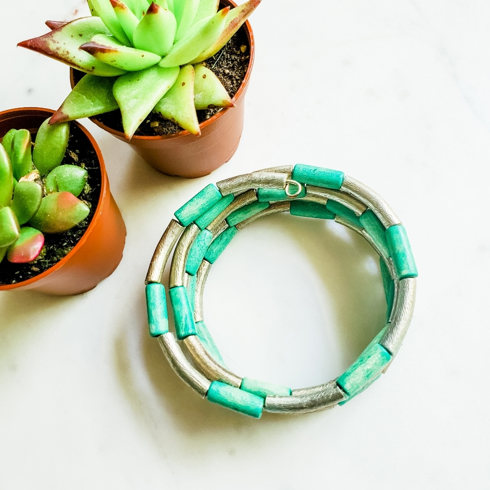 Turquoise and gold coil bangles